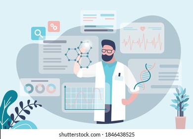 Scientist conducts pharmaceutical research. Pharmacist developing new drug. Various graphs and statistics before doctor. Concept of pharmaceutical, medicine and microbiology. Flat vector illustration