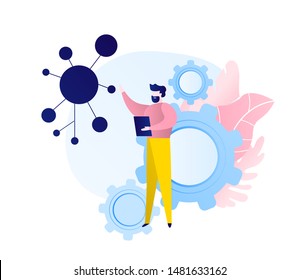 A scientist conducts research and studies molecules. Scientific process. Vector illustration.