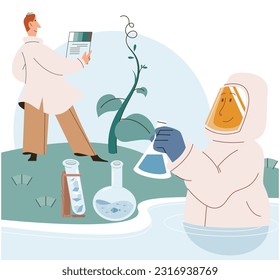 Scientist conducts research to study nature and living organisms, water quality in pond or river. Researchers do analyzes of composition of water, check mineral compound and bacterial components