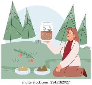 Scientist conducts research to study nature and living organisms. Idea of education, botany, microbiology. Biologist examines structure of plants, conducts experiments outdoors. Biological exploration