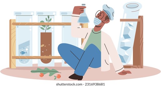Scientist conducts research to study planet and living organisms under conditions of climate change. Researchers do analyzes of composition of water, check mineral compound and bacterial components