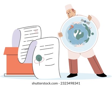 Scientist conducts research to study planet Earth make experiment to determine level of climate change state and degree of air and water pollution identify environmental problems and writes in report