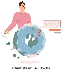 Scientist conducts research to study planet Earth, make experiments to determine level of climate change, state and degree of pollution of air, use lab equipment to identify environmental problems
