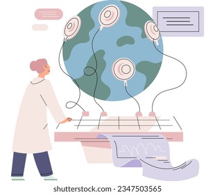 Scientist conducts research to study planet, makes experiments to determine level, state and degree of environmental problems. Studying physical aspect of globe. geophysics, geochemistry, soil science