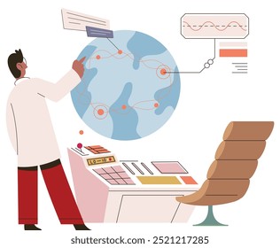 Scientist conducts research to study state of planet Earth. Man makes experiments to determine level of climate change, using lab equipment, identify environmental problems. Scientific tests