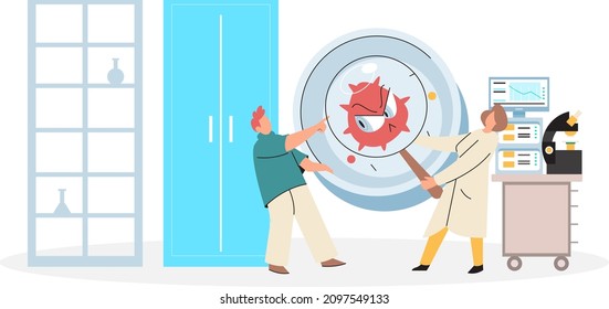Scientist conducts scientific researches, virology in lab, holding vaccine, syringe and wearing medical suit. Coronavirus vaccine complete development. Medicines for treatment, doctor with injection
