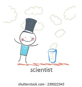 scientist conjures a glass and clouds