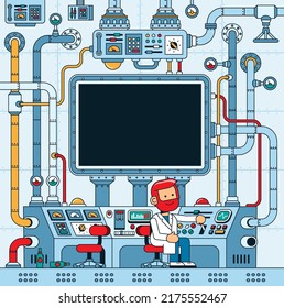 Scientist in control room with dashboard panels buttons and large screen. Steampunk science lab with intricate devises, pipes and wires. Vector illustration.