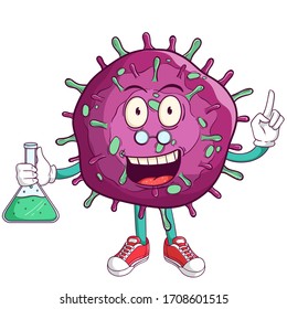 scientist of corona virus covid-19s cartoon character makes a chemical formula with funny smile face