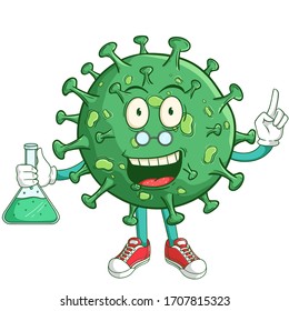 scientist of coronavirus cartoon character makes a chemical formula with funny smile face