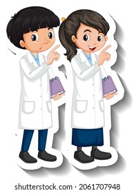 Scientist couple kids cartoon character sticker illustration
