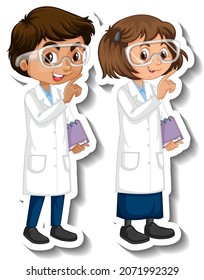 Scientist couple kids cartoon character sticker illustration