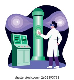 A scientist creates a space portal, flat style illustration 