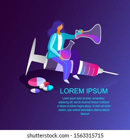 Scientist creating Infusion for Injections Pharmacist Researching Schemes for Drugs and Remedy Scientific Genetical. Biological Analysis using hacker ethic Anatomical organ Wealth. Vector illustration