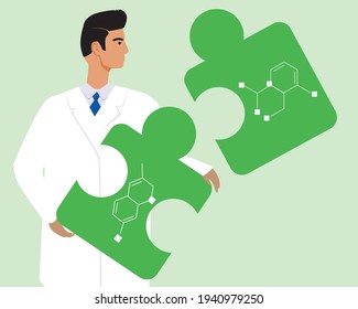 Fórmula científica y de celosía de cristal. Ilustración de material vectorial plano. Científico masculino con abrigo blanco. Concepto de trabajo científico. Un hombre con un rompecabezas. Ilustración de fórmula
