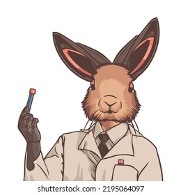 Scientist cyborg rabbit bringing testing serum