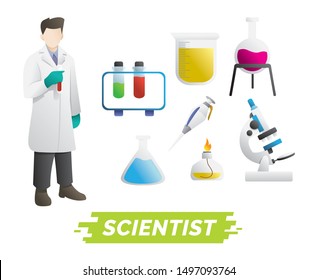 Scientist design element. research and biotechnology design elements. Character of scientist with microscope, test tube, medicine. design vector element
