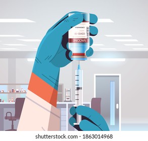 scientist developing new coronavirus vaccine in lab researcher holding syringe and bottle vial vaccine development fight against covid-19 concept vector illustration