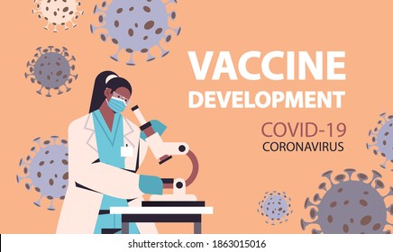 scientist developing new coronavirus vaccine in lab african american female researcher working on microscope vaccine development fight against covid-19 concept horizontal portrait vector illustration