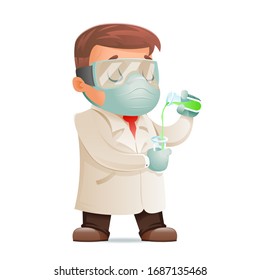 Scientist develops cure for viral pandemic test-tube icon cartoon design character vector illustration