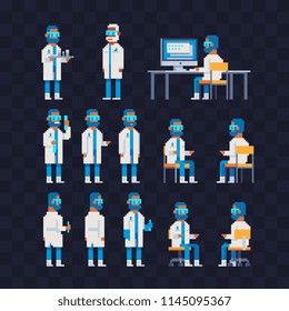 Scientist in different poses pixel art characters. Man assistant in white coat working on the computer. Isolated vector flat illustration. Design for stickers, logo and mobile app. Game assets 8-bit.