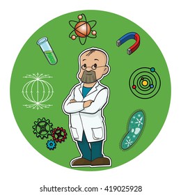 Scientist with different symbols of science