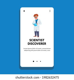 Scientist Discoverer Noting Test Result Vector. Obese Scientist Discoverer Analyzing Experiment And Writing Surveillance In Notebook. Character Laboratory Worker Man Web Flat Cartoon Illustration