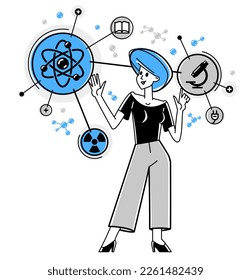 Scientist discovering science theory and making experiments vector outline illustration, science research or invention, physics and chemistry.