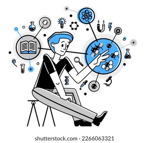Scientist discovering science theory and making experiments vector outline illustration, science research or invention, physics and chemistry.
