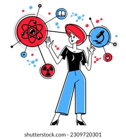 Wissenschaftler entdecken die Theorie der Wissenschaft und machen Experimente Vektorgrafik, wissenschaftliche Forschung oder Erfindung, Physik und Chemie.