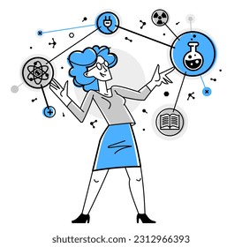 Scientist discovering science theory and making experiments vector outline illustration, science research or invention, physics and chemistry.