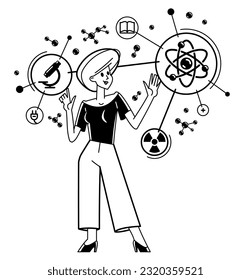 Scientist discovering science theory and making experiments vector outline illustration, science research or invention, physics and chemistry.