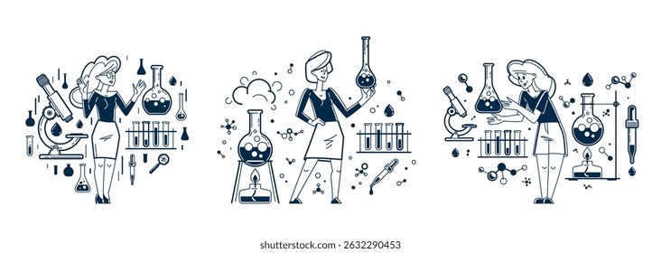 Scientist discovering science theory and making experiments vector outline illustration set, theoretical science research or invention, education learning university.