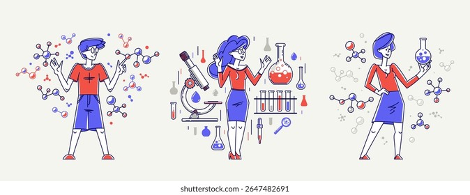 Scientist discovering science theory and making experiments vector outline illustration set, theoretical science research or invention, education learning university.