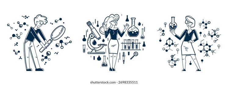 Cientista descobrindo a teoria da ciência e fazendo experimentos vetor esboço ilustração conjunto, pesquisa científica teórica ou invenção, educação universidade de aprendizagem.
