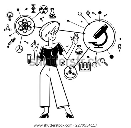 Scientist discovering science theory and making experiments vector outline illustration, science research or invention, physics and chemistry.