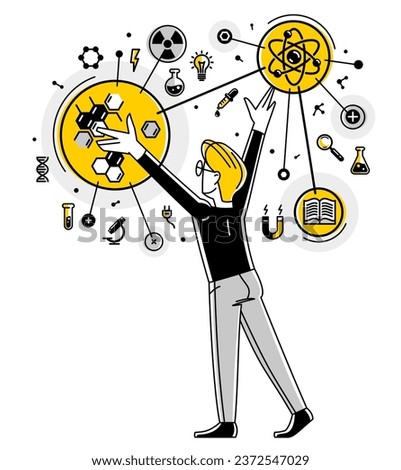 Scientist discovering science theory and making experiments vector outline illustration, science research or invention, physics and chemistry.