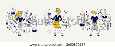 Scientist discovering science theory and making experiments vector outline illustration set, theoretical science research or invention, education learning university.