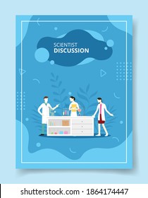scientist discussion people standing behind desk laboratory for template of banners, flyer, books cover, magazines
