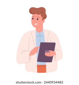 Scientist, doctor or biologist in white coat holding digital tablet. Doctor looking in the medical card. Vector illustration in flat style