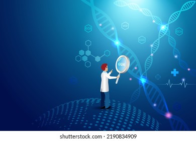 El doctor científico sostiene vidrio de aumento que analiza pruebas genéricas de ADN y estructura de molécula genética. Investigación de laboratorio, tecnología de innovación médica en laboratorio químico científico.