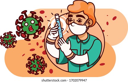 Scientist doctor looks at the vaccine he created. The virus is scared because it is defeated
