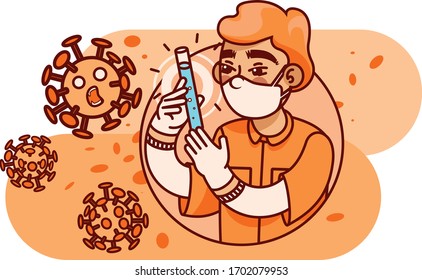 Scientist doctor looks at the vaccine he created. The virus is scared because it is defeated