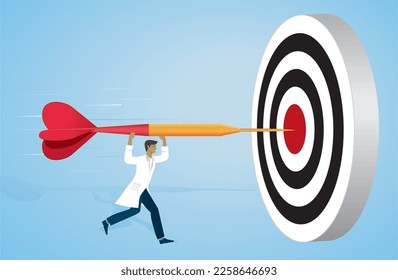 Scientist, doctor or nurse running with arrow and hit bulls eye on dartboard. Vector illustration.