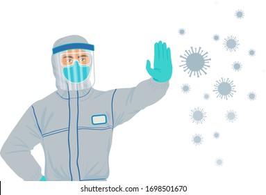 Scientist, doctor or nurse in virus protection suit stands strong to fight Coronavirus and to stop COVID-19 pandemic and prevent infection spread. Vector illustration isolated on white background