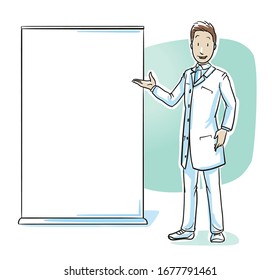 Scientist, doctor or pharmacist presenting something at board or display. Concept for presentation, lecture or lesson. Hand drawn cartoon sketch vector illustration, whiteboard marker style coloring. 