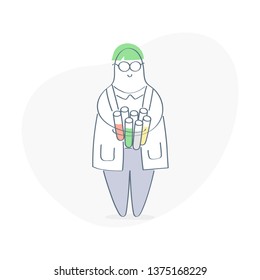 Scientist or Doctor working in chemistry lab, he holding flasks. Clinic or pharmaceutic laboratory research, medical examination disease concept. Flat outline vector illustration on white.