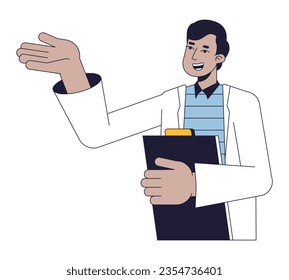 Scientist with documents flat line concept vector spot illustration. Indian man in lab coat 2D cartoon outline character on white for web UI design. Editable isolated color hero image