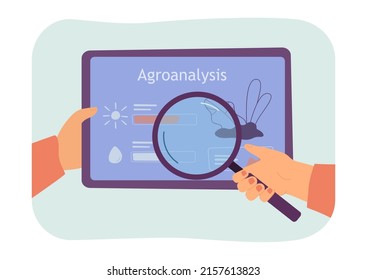 Científico haciendo agroanálisis. Investigador haciendo análisis agroquímicos del suelo con lupa. Ciencia del suelo, concepto de agrología para banner, diseño de sitios web o página web de aterrizaje