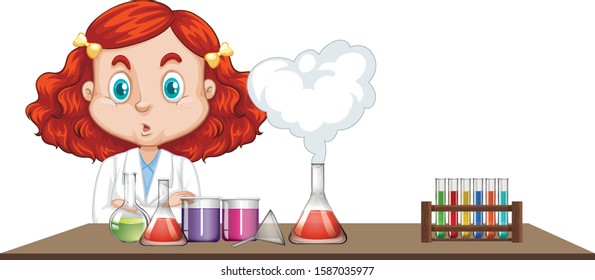 Científico haciendo experimentos químicos en la ilustración de la tabla